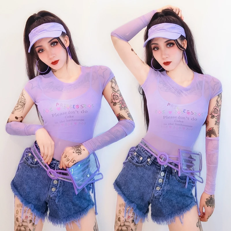 Джазовый танец костюмы фиолетового цвета с буквенным принтом боди для ночных