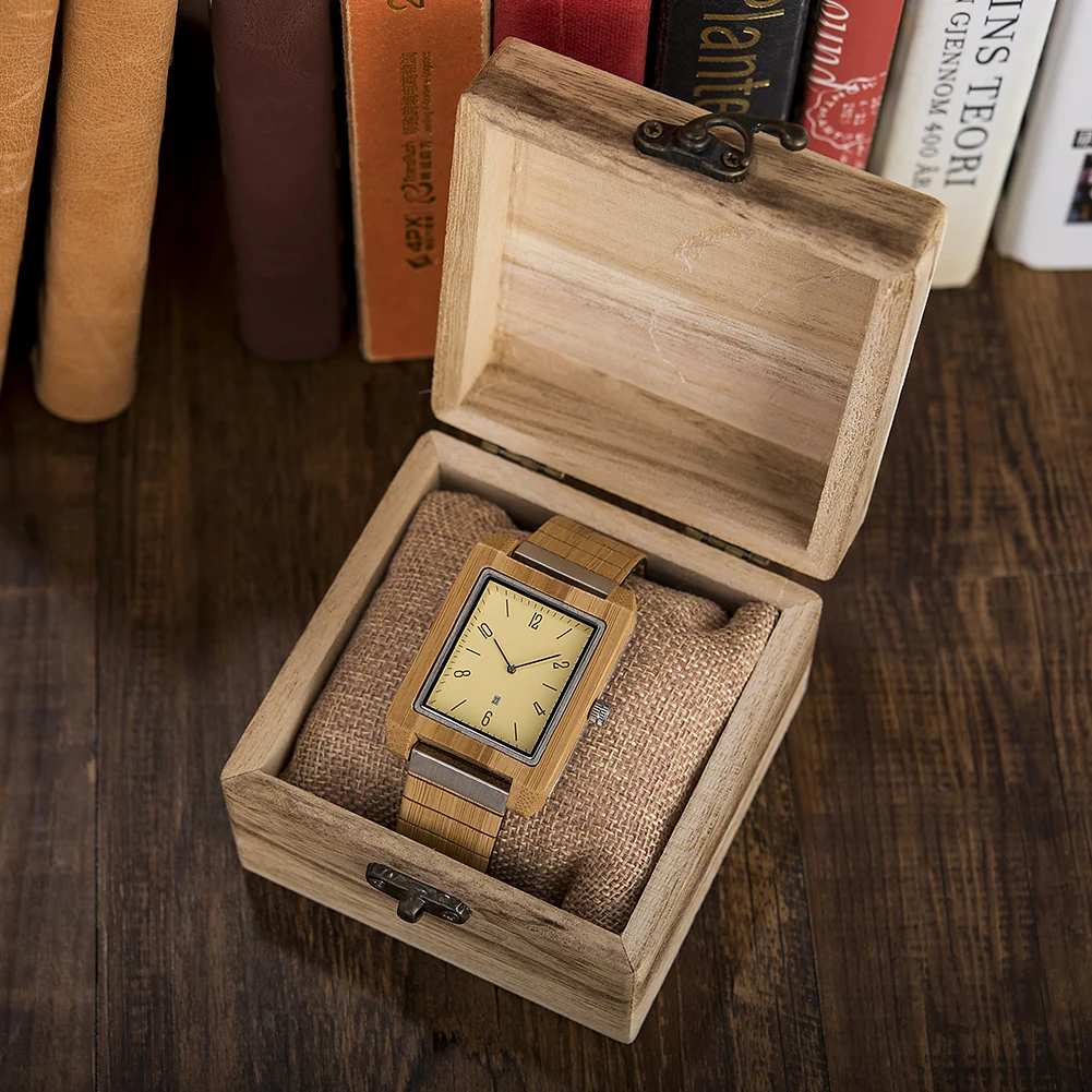 

Minimalist Square Wooden Watches Mens with Calendar Japanese Movement Quartz Wraistwatches for Men Women in Wooden Gift Box