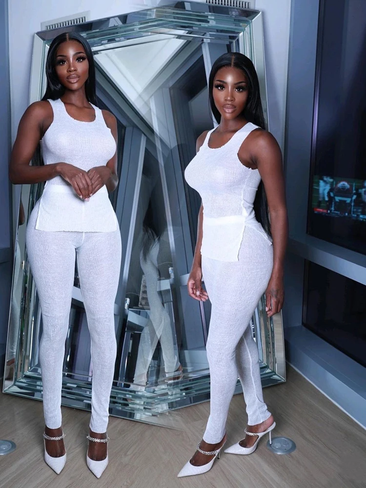 

Женский спортивный костюм Sisterlinda, повседневный облегающий костюм, футболка без рукавов с разрезом и брюки с высокой талией, уличная одежда д...