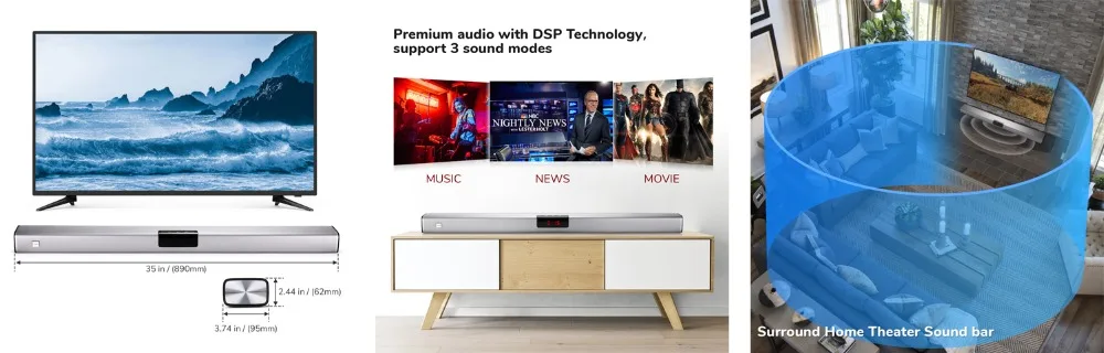 InstaBox 35 дюймов S60M Саундбар с экраном дисплея и дистанционным встроенным сабвуфером 60 Вт Bluetooth 5,0 и проводные соединения 2,0 канала