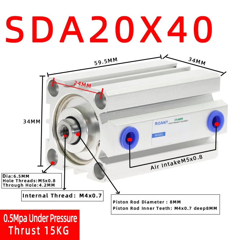 

Тип SDA Диаметр цилиндра 20 мм, ход 5/10/20/25/30/40/50/100 мм двойного действия Компактный пневматический поршневой цилиндр SDA20 Женский
