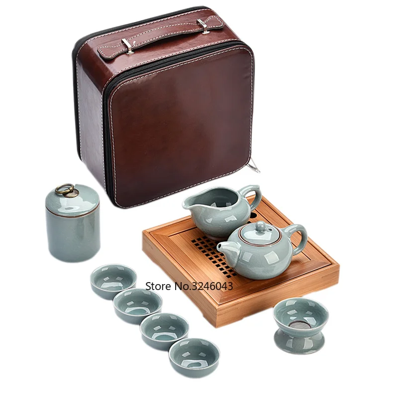 

Travel tea set 9 piece suit carrying case Household simple small Japanese ceramic teacup ruyao Kungfu tea set dry tea tray