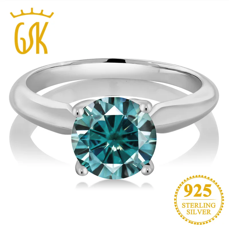 GemStoneKing 925 пробы серебряное кольцо пасьянс голубое круглое создано Moissanite 1.90ct роса