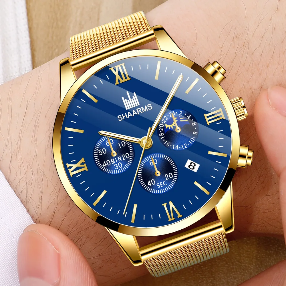 Часы наручные мужские кварцевые с календарем повседневные деловые сетчатым