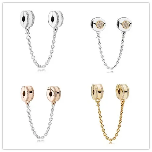 

925 Sterling Silver Charm Insignia With Crystal Safety Chain Clip Beads Fit Women pan Bracelet & Bangle Diy Jewelry