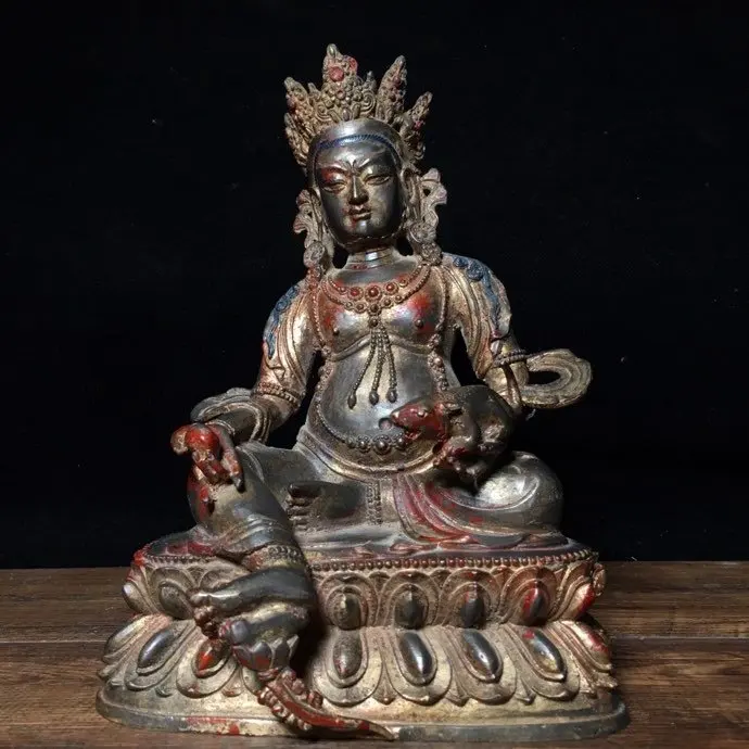 

10"Tibet Buddhism Temple Old Bronze Cinnabars Yellow God of Wealth Buddha Statue Chambala (Xiang Xiongwen) Enshrine the Buddha