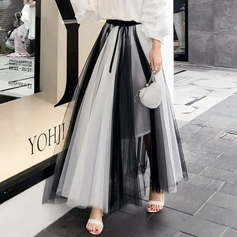 

Summer Vintage Skirt Womens Elastic High Waist Tulle Skirts Long Beach Mesh Skirt Female Spring Women Skirts