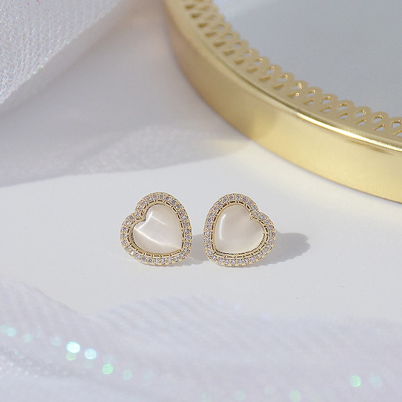 

Korean Trendy Opal Round Inlaid CZ Heart Women Earrings Simple 14k Real Gold Love Stud Earring Women Birthday Gift Pendant
