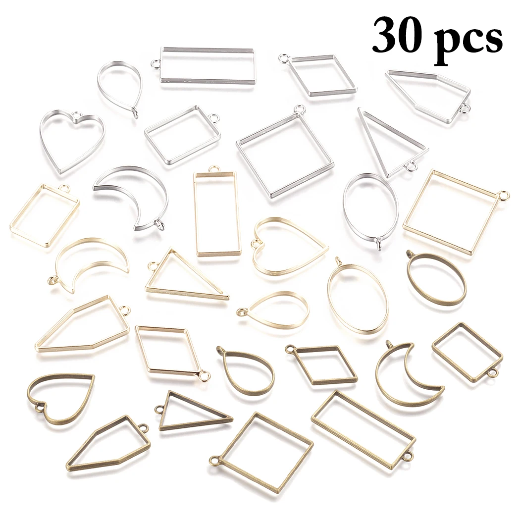 

30pcs/Lot Silver Golden Assorted Metal Pendant Geometric Hollow Pressed Flower Frame Pendant Resin Jewelry Making Bezel Mold