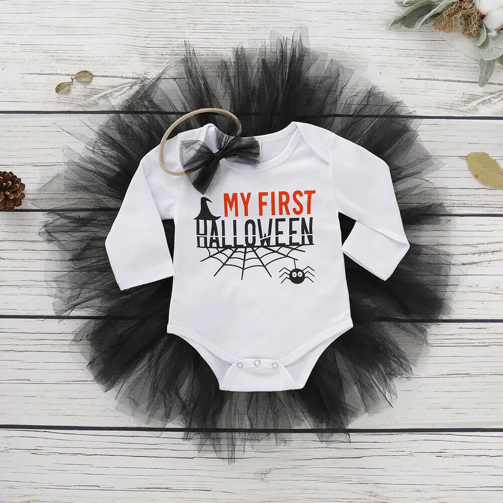 Black Cute Newborn Baby Girls Clothes Set Cartoon Lace Bodysuit+Ball Gown Skirt 2Pcs Outfits Kids First Halloween Print Costumes | Детская