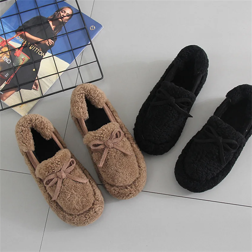 

Korean Version Women's Shoes Autumn And Wintre 2021 Lovely Woolen Single Shoes Lamb Hair Bow And Cashmere Thick Sole Bean Shoes