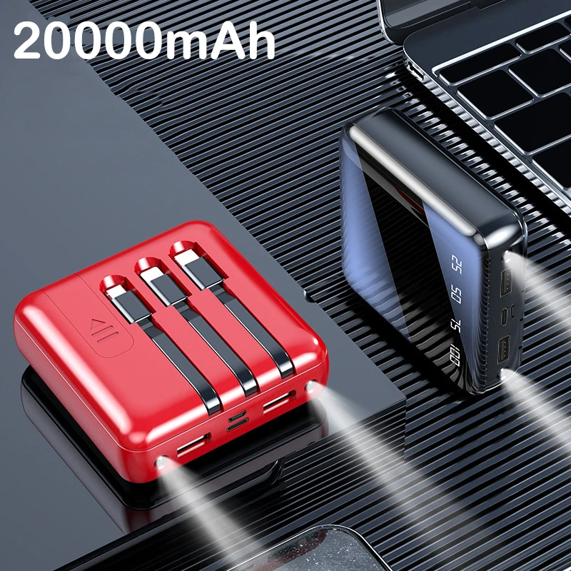 

Внешний мини-аккумулятор 20000 мАч для iPhone 12 Xiaomi Huawei Samsung, Внешний аккумулятор со встроенным кабелем, портативный внешний аккумулятор, внешний ...