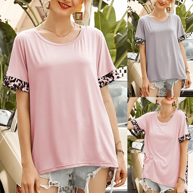 

Summer Fashion Leopard Stitching Sleeves Leopard Loose T-Shirt Ladies