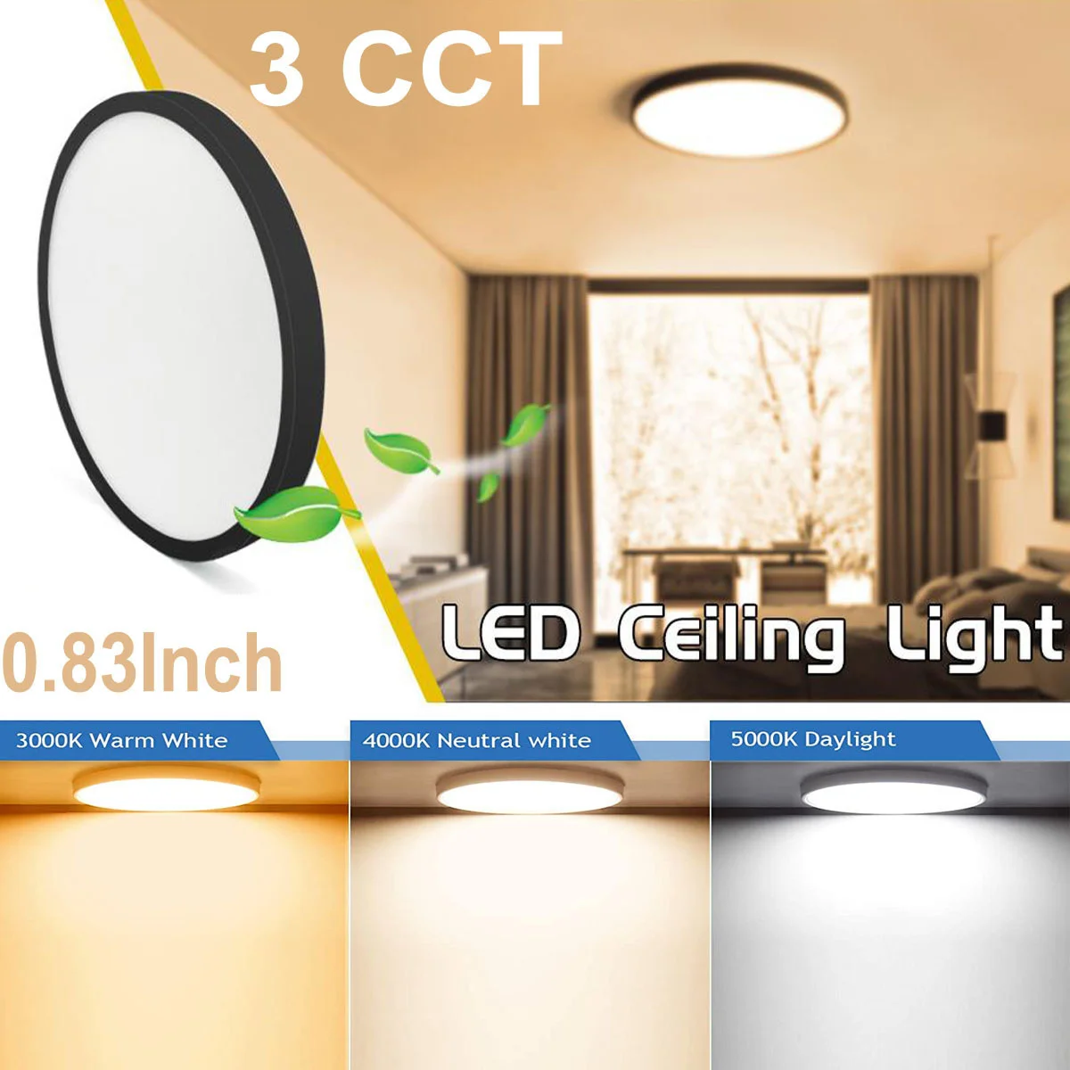 

Changeable Round Ceiling Lamp Led Lighting Black Shell 3000K 4000K 6000K Color Ceiling Lights For Bethroom Livingroom Bedroom