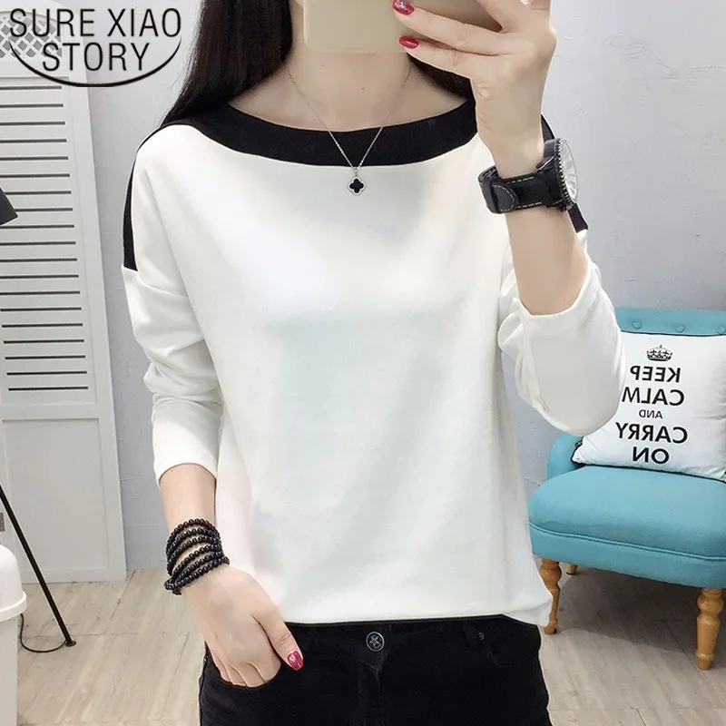 

Long Sleeve Shirt Solid Slash Neck Women Shirts 2021 Spring OL Korean Style Stitching Women Blouse Tops Chemisier Femme 7989