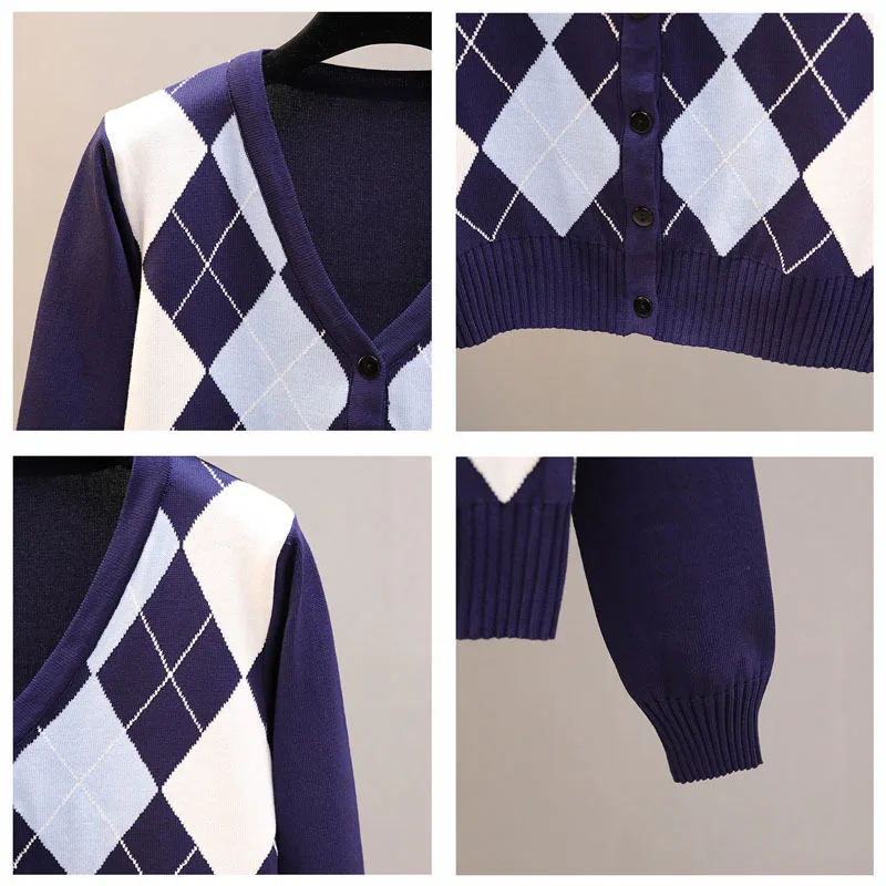 Свитер Женский вязаный в клетку с длинным рукавом и V-образным вырезом Осень-зима