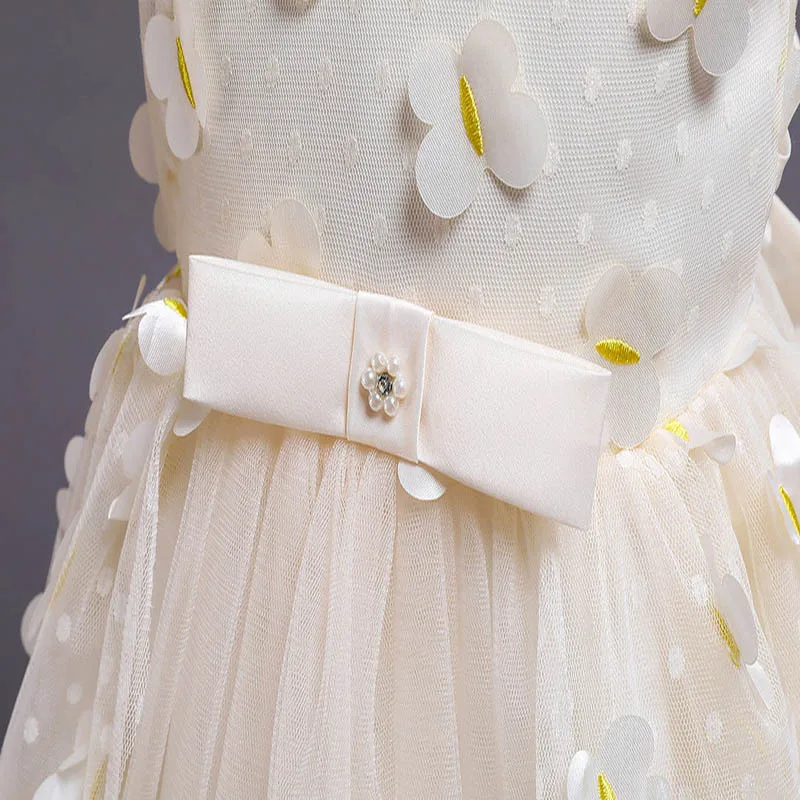 

Flower Girls Dresses Crystal Embroidery Tulle Lace Sleeveless Appliques Pearls O-Neck Knee-Length Kids Party Princess Gown F206