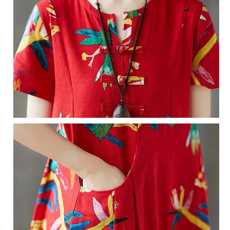 

Spring Summer New Cotton And Linen Dresses National Wind Button Buckle Women Vintage Long Dress Short Print Casual Female Dress