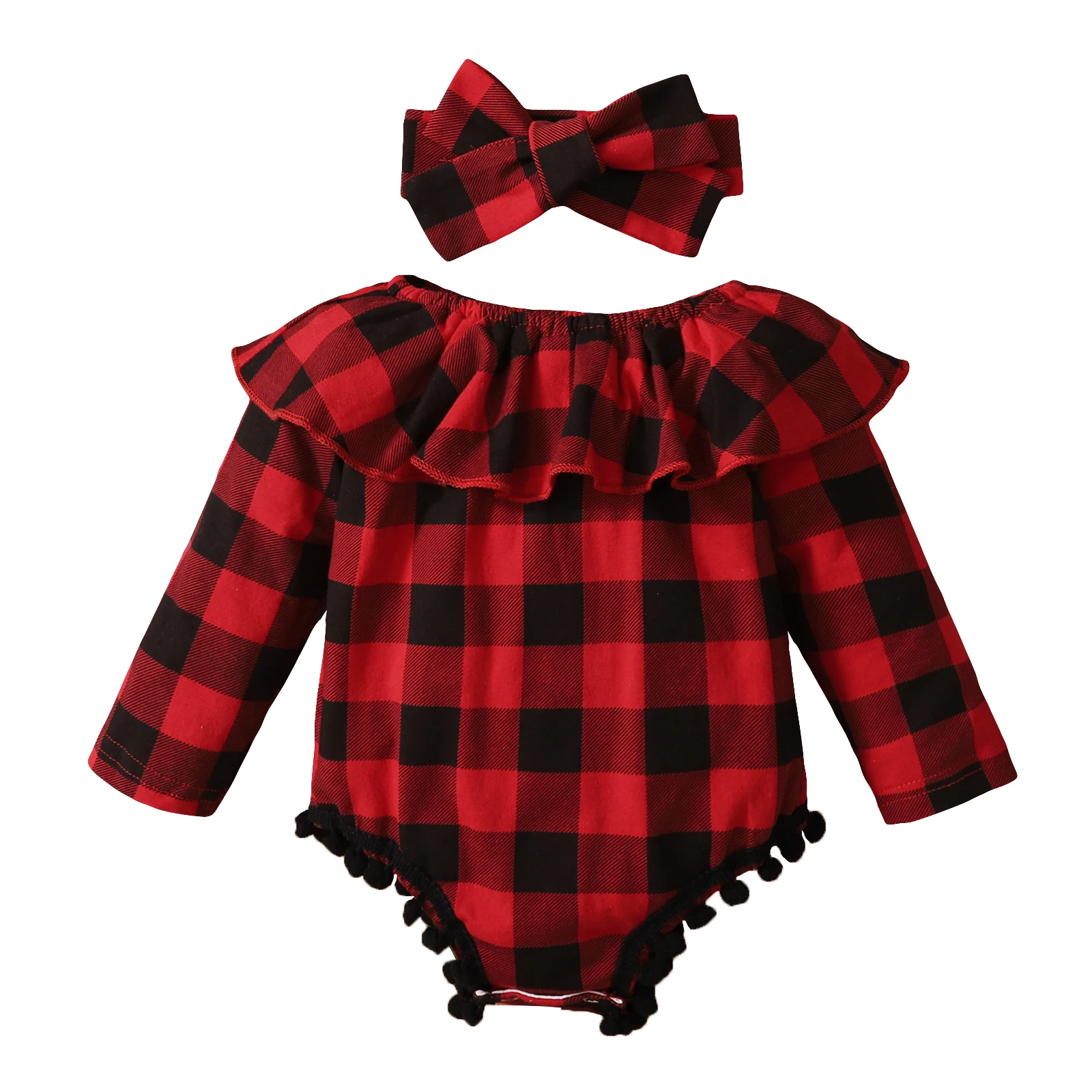 

2021 Summer Baby Girls Two-piece Clothes Set, Plaid Printed Pattern Long Sleeve Romper and Headdress, White/ Red