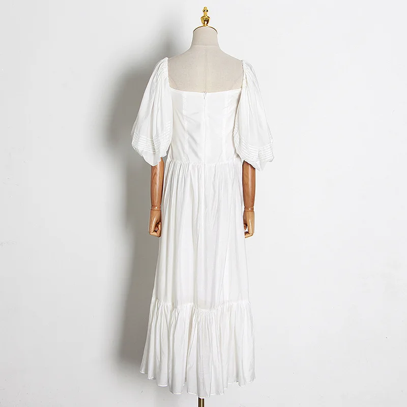 

Vintage Square Collar Puff Sleeve Dresses Women 2021 New Fashion Single Breasted Design Dress Elegant Office Lady Vestidos