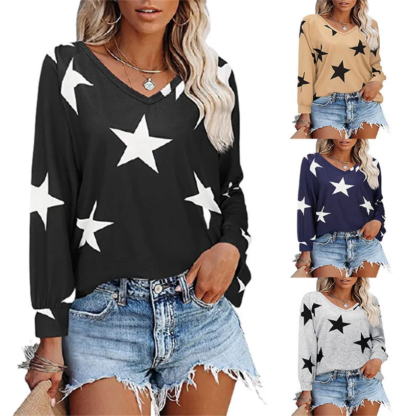 

Autumn and winter 2021 five pointed star printed V-Neck long sleeve sweater T-shirt women's wear