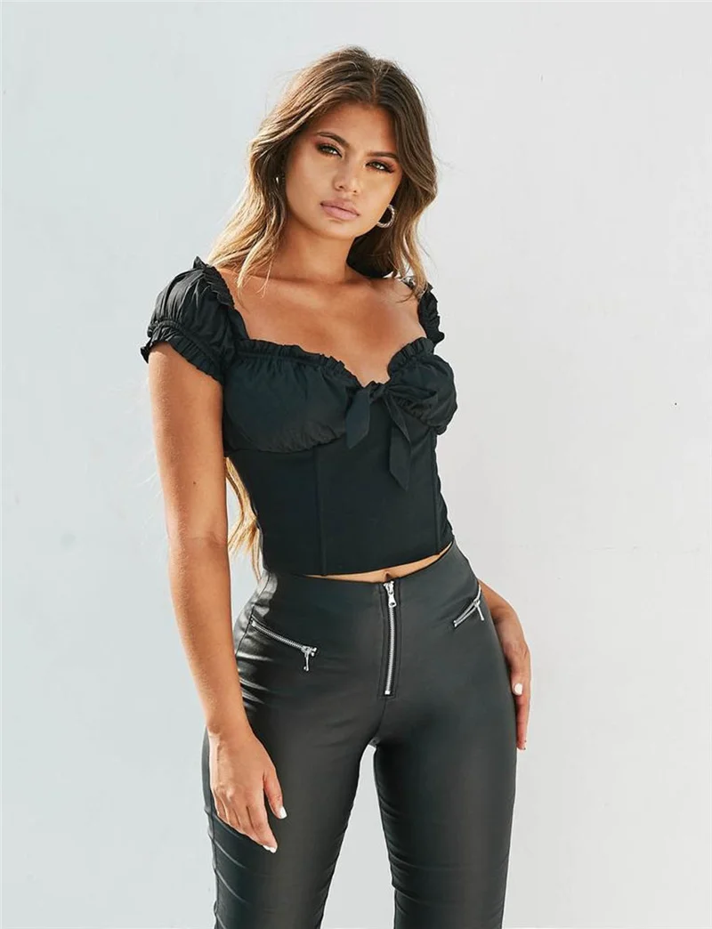 Модный сексуальный женский однотонный облегающий топ с коротким рукавом летний