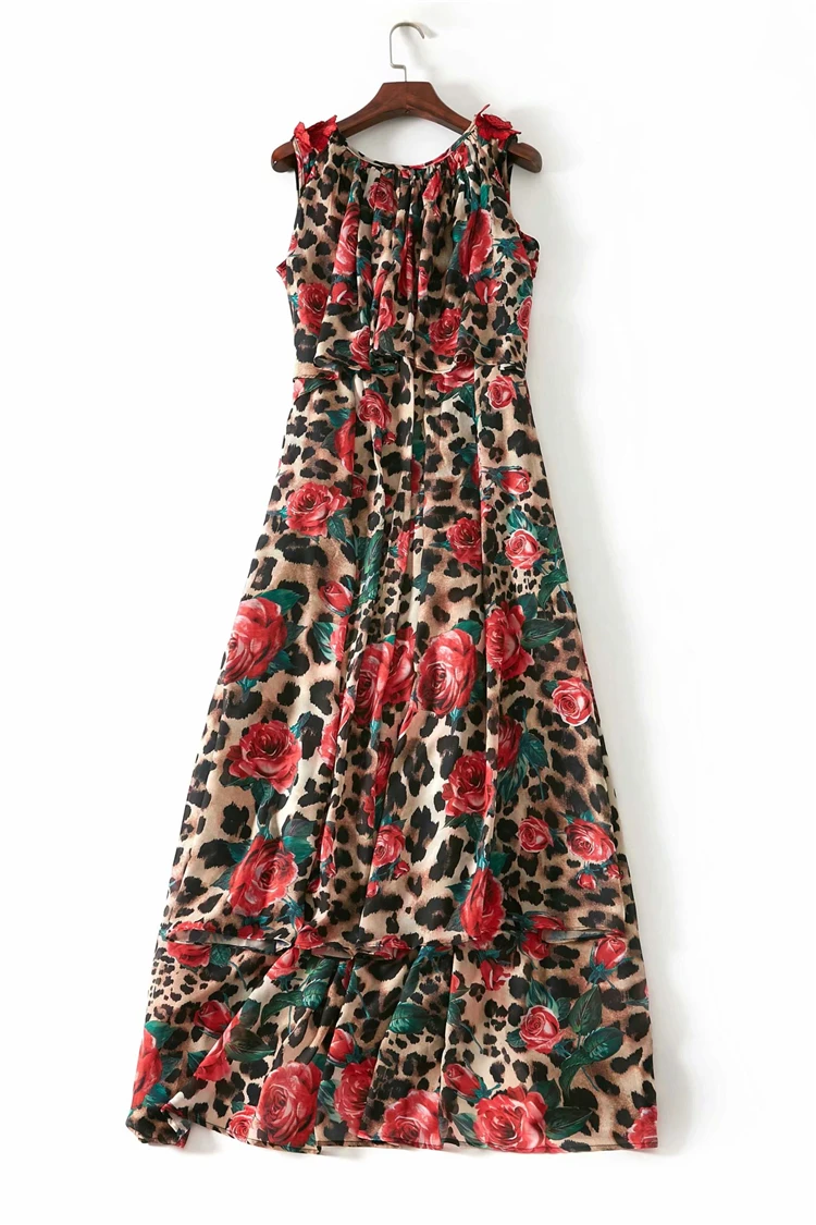 

Летние Дизайнерские макси Вечерние Платье женское платье без рукавов с цветочным узором в виде роз с рисунком и вышивкой, платье леопардовой расцветки с длинными платье женское платье для вечеринки