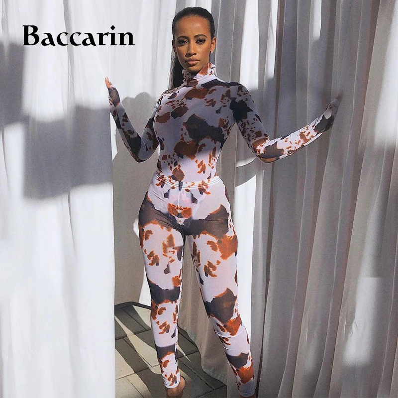 

Baccarin Tie Dye Dairy Cow Print Women Two Piece Set Long Sleeve Bodysuit Turtleneck High Waist Leggings Skinny Tracksuit Outfit