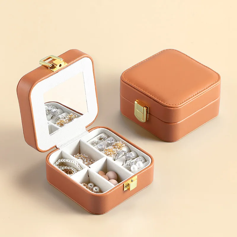 Jewelry Box Multifunctional Leather Small Square With Mirror Flower Women Jewelry Display Makeup Storage Organizer Earrings Box