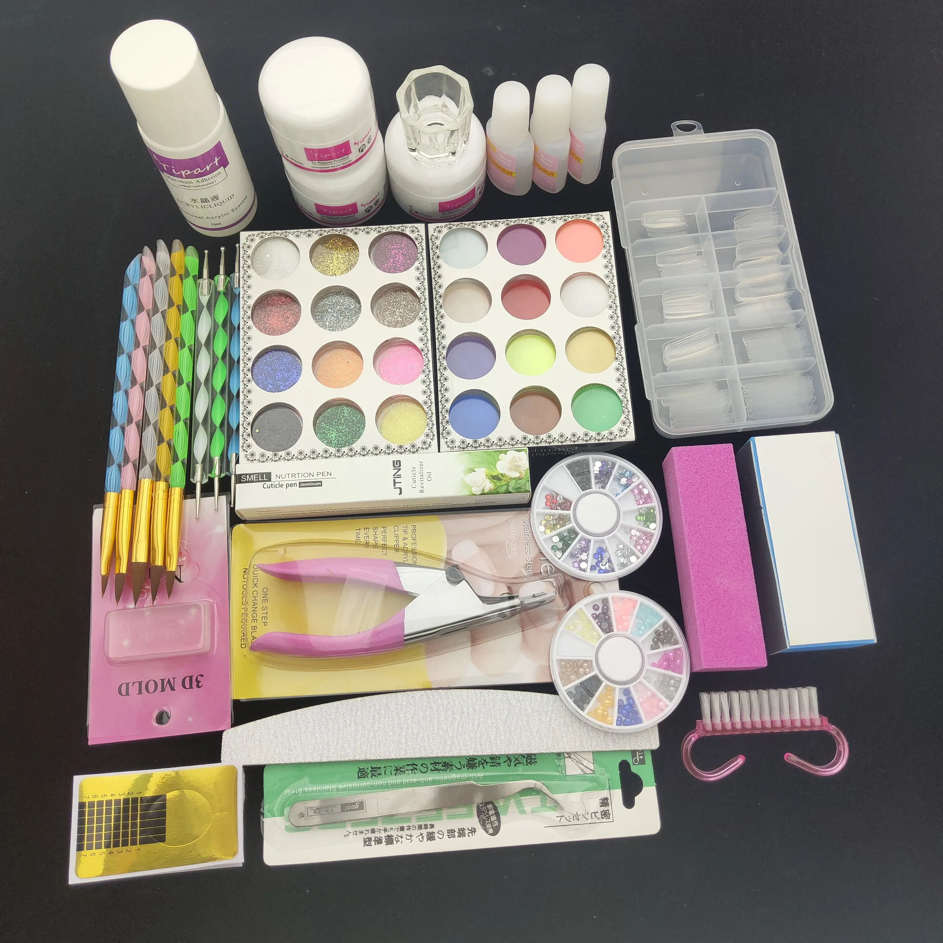 

75ML Acrylic Liquid 12 Colors Powder Glitter Clipper Primer File Nail Art Tips Tool Brush Tools Set Kit