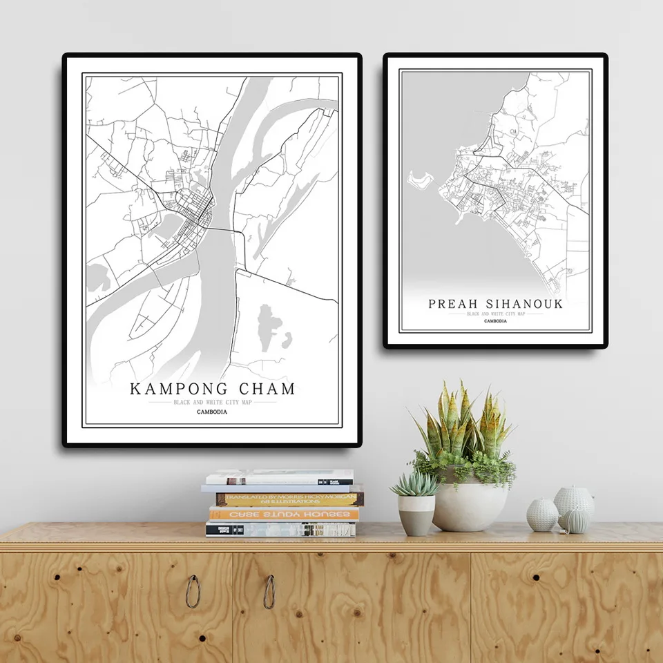 Камбоджа черно-белая карта города плакат Скандинавская гостиная Пномпень