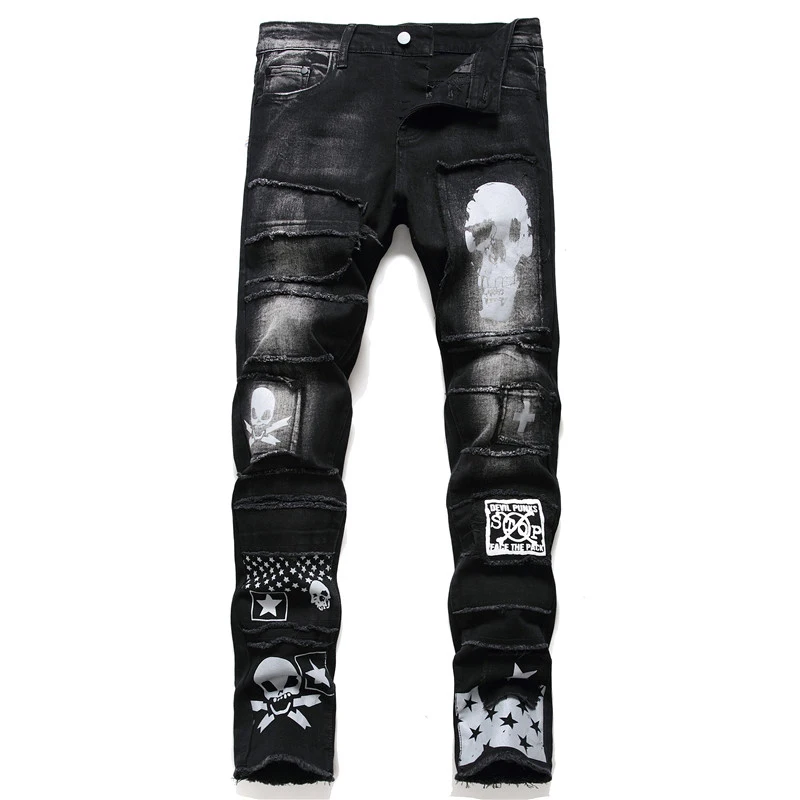 Erkek pantolon Streetwear moda pantolon kot kafatası siyah Denim Biker yüksek kalite erkek Casual tasarımcı yırtık rahat