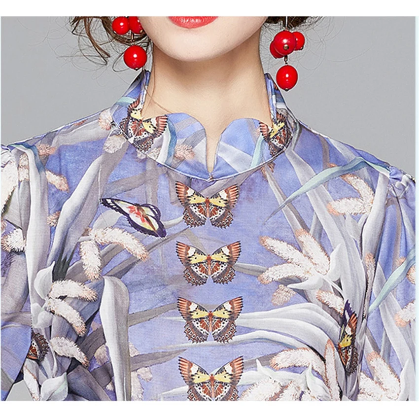 

2021 European Style Butterfly Print Designer Runway Dress Women Puff Sleeve Elegant Shirt Dress Short Vestidos Robe Mujer Belt