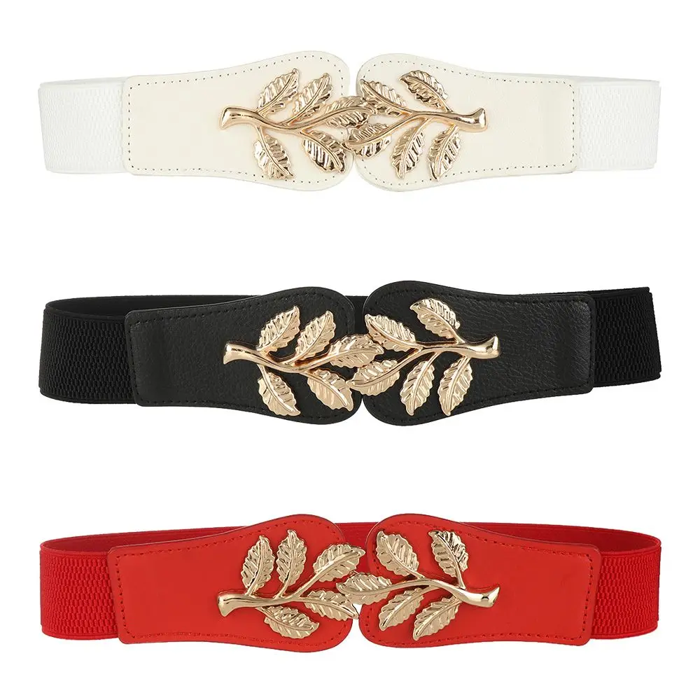 

Женский эластичный пояс с широкой пряжкой, модный эластичный пояс с двойным золотым листом