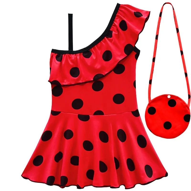 Летний купальный костюм для девочек в красный и черный горошек с косыми плечами