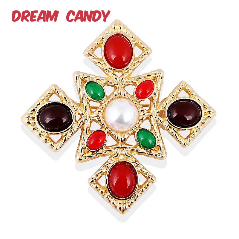 Женская Винтажная брошь с жемчугом Dream Candy Золотая из цветной смолы корсажный