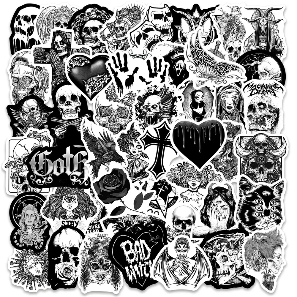 

10/30/50PCS Horror Black and White Punk Style Gothic Cartoon Graffiti Suitcase Notebook Decorative Waterproof Stickers Wholesale