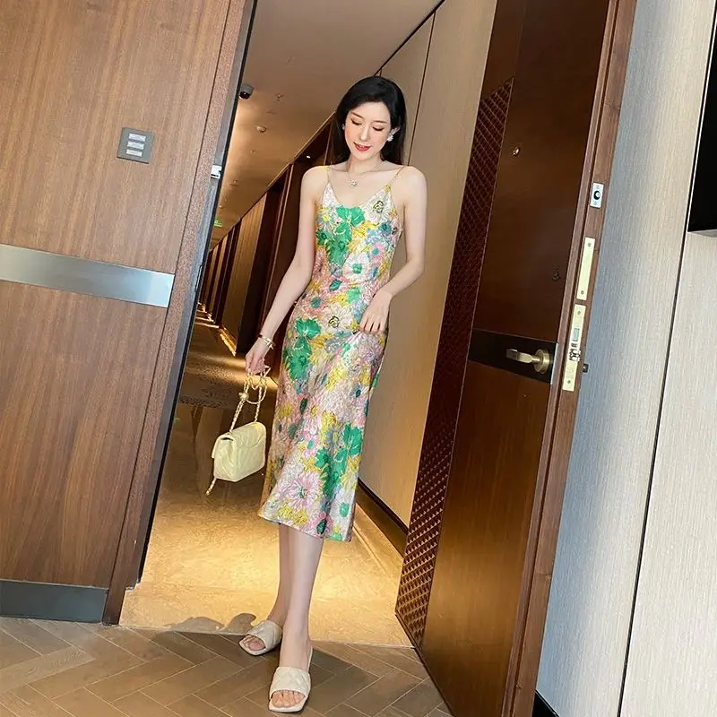 

Summer new slim sexy print mid length knee strap 2021 new dress