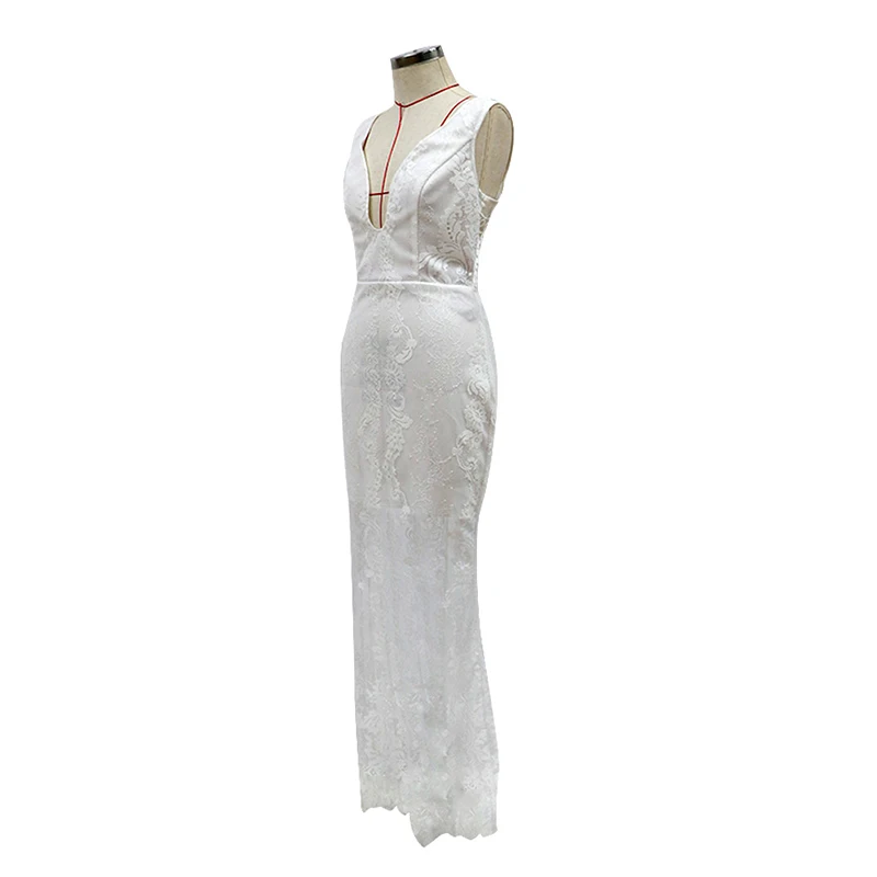 

Fashion Summer Dresses for Women V-neck White Lace Tape Hollow Out Sexy Elegant Party Maxi Dress 2020 New Clothes Robe