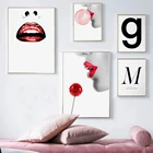 Красные губы девушка воздушный шар Письмо G M настенная Картина на холсте скандинавские постеры и принты декоративные картины для гостиной Декор
