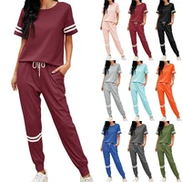 womens clothing sport casual patchwork solid short pullover o neck elastic waist full length matching sets pant sets