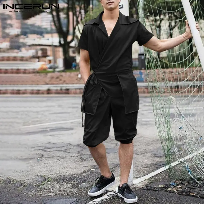 

Однотонный подходящий ко всему простой новый мужской Блестящий комбинезон с коротким рукавом мужская повседневная Уличная одежда комбине...