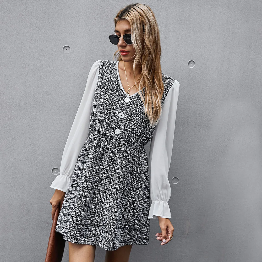 

2020 осеннее комбинированное французское платье с высокой талией с длинным рукавом и v-образным вырезом по колено платье для женщин для празд...