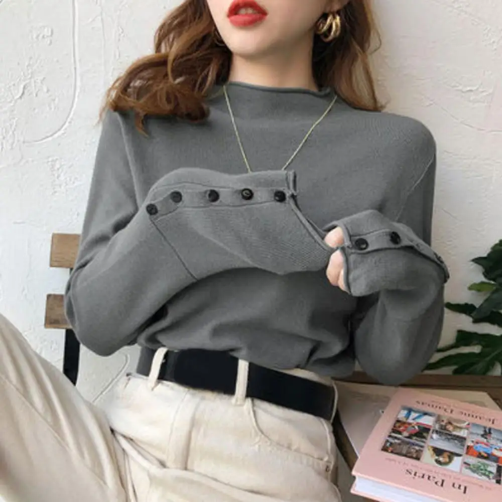 

Women Autumn Solid Color Long Sleeve Mock Neck Buttons Slim Blouse Knitwear Slim Blouse Knitwear