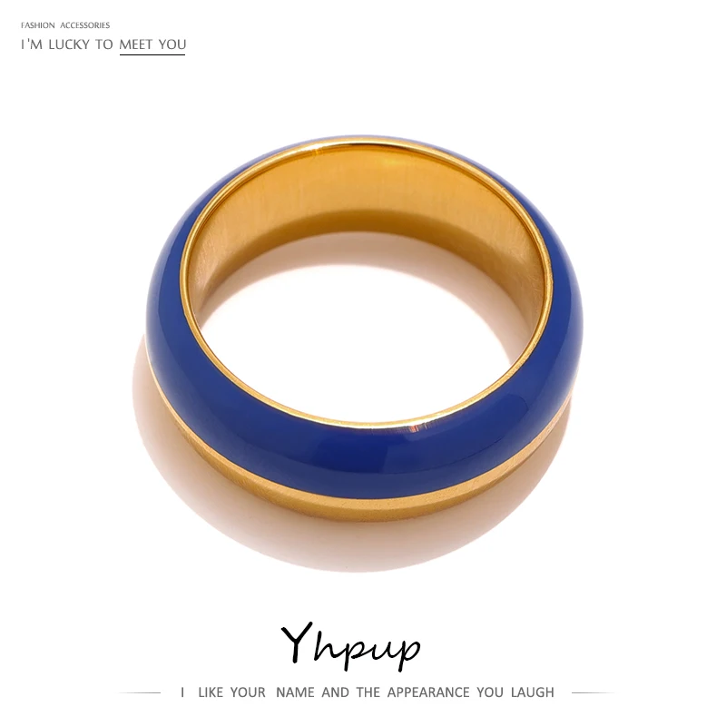 Yhpup Stainless Steel Blue Enamel Ring for Women Trendy Metal Round Finger Ring Waterproof Jewelry bague acier inoxydable New