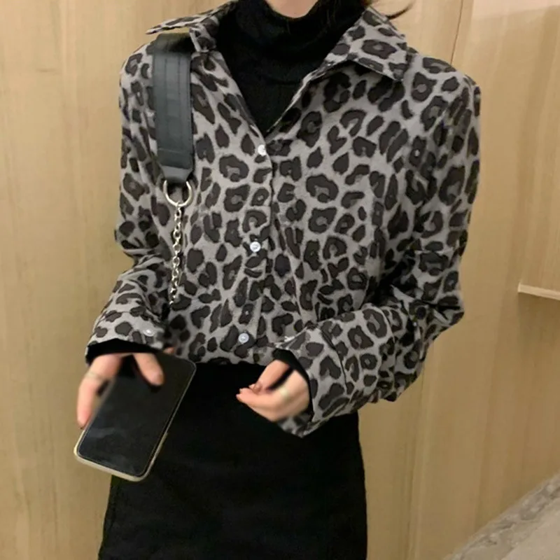 

Jlong Leopard Print Shirt Women Long-sleeved All-match Loose Temperament Blouse
