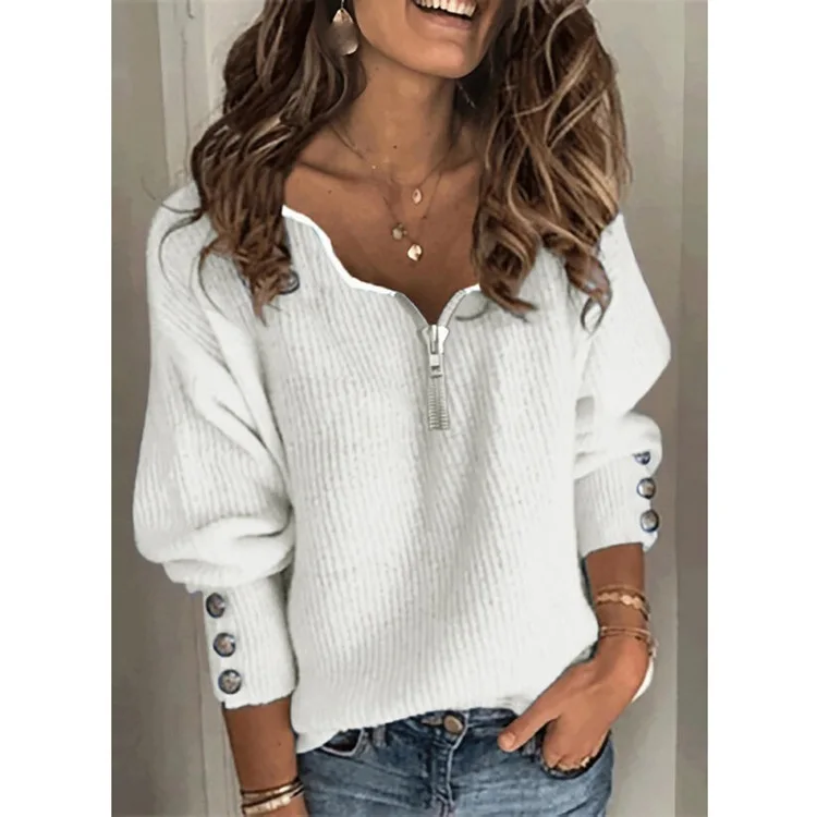 

2021 autumn and winter new fashion women's hot style solid color zipper knitted V-neck loose long-sleeved T-shirt