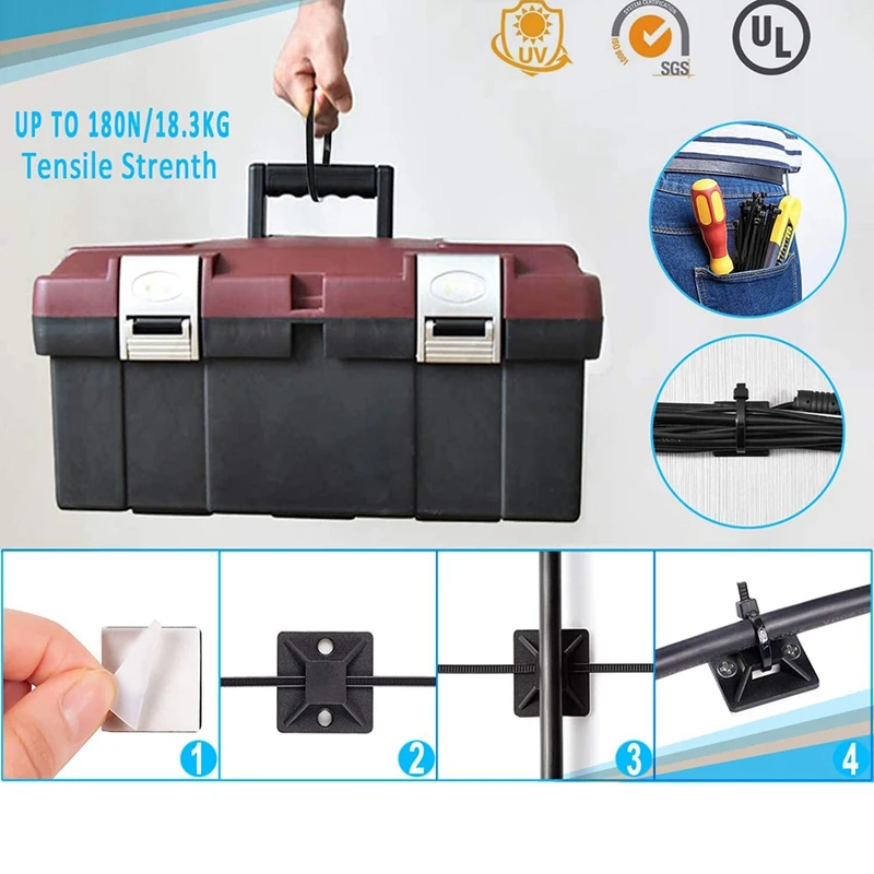 120 шт. черный 8-дюймовый держатель для кабельных стяжек на молнии самоклеящийся