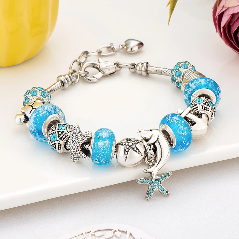 Poshfeel Summer Jewelry Starfish/Turtle Charm Bracelets For Women Blue Murano Glass Beads &amp Bangles Mbr170276 | Украшения и