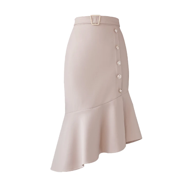 

REALEFT 2020 New Spring Summer Work Wear Sheath Wrap Midi Skirts Single Breasted Elegant Korean OL Style Ruffles Pencil Skirts